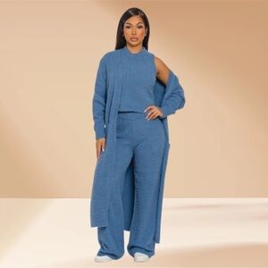 Elegant Blue Wide Leg 3pc Knit Pant set